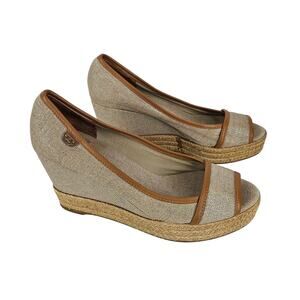 TORY BURCH WOMEN'S BEIGE / BROWN MAJORICA 5" WEDGE HEEL ESPADRILLE SIZE 8 (38.5)